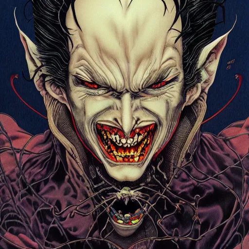 Prompt: portrait of crazy dracula, symmetrical, by yoichi hatakenaka, masamune shirow, josan gonzales and dan mumford, ayami kojima, takato yamamoto, barclay shaw, karol bak, yukito kishiro