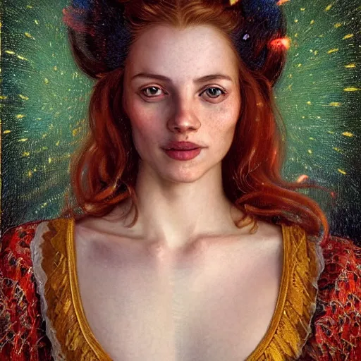 Image similar to a totally amazed smiling pretty woman surrounded by golden firefly lights in a mesmerizing scene, fully covering intricate detailed bohemian outfit, long loose red hair, precise linework, accurate green eyes, small nose with freckles, beautiful smooth oval head, expressive emotions, hyper realistic ultrafine portrait by artemisia gentileschi, jessica rossier, greg rutkowski, artgerm