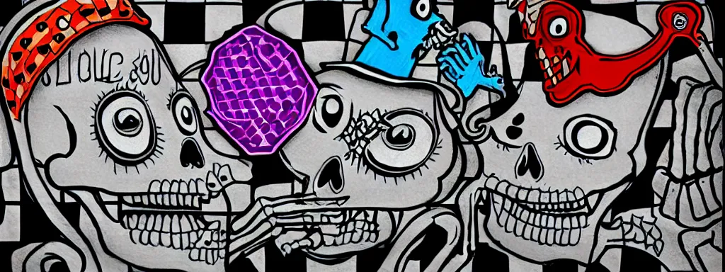 Image similar to ska skeleton and girlfriend, 8 0 s checkerboard 6 6 6, digital art, chalk, ultra detailed by tara mcpherson and gary houston, 5 0 mm