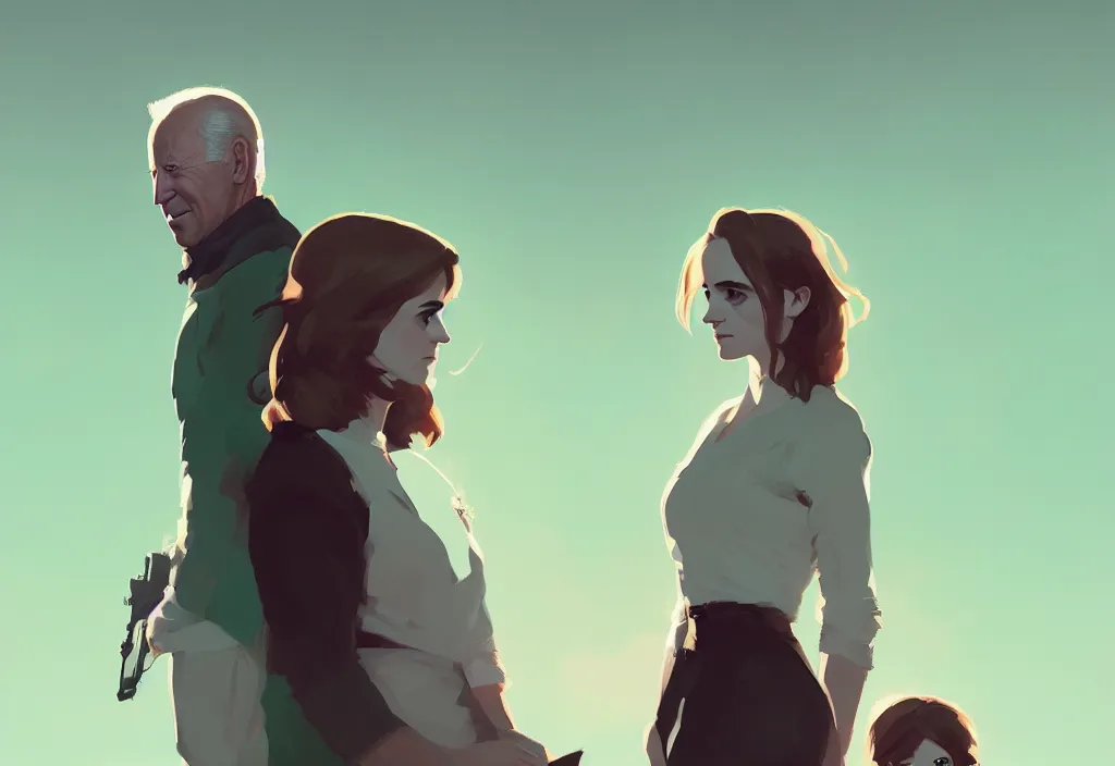 Image similar to portrait of joe biden and emma watson, fantasy, by atey ghailan, by greg rutkowski, by greg tocchini, by james gilleard, by joe gb fenton, dynamic lighting, gradient light green, brown, blonde cream, salad and white colors in scheme, grunge aesthetic