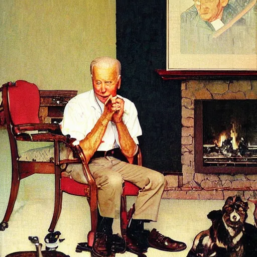 Image similar to eye level portrait painting by Norman Rockwell of Joe Biden sitting in a chair. Cozy fire. Legs apart