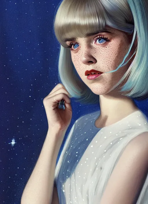 Image similar to portrait of kiernan shipka with freckles, white hair, big 1 9 6 0 s bob hairstyle with bangs and hairband, blue 1 9 6 0 s dress, intricate, elegant, glowing lights, highly detailed, digital painting, artstation, concept art, smooth, sharp focus, illustration, art by wlop, mars ravelo and greg rutkowski