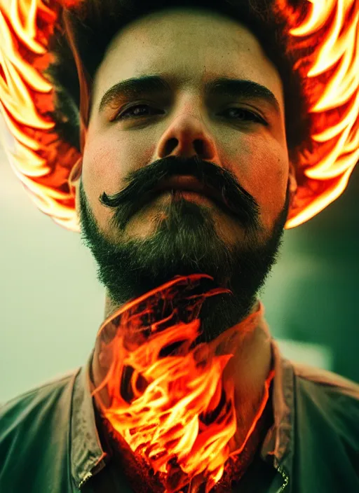 Prompt: Man with fire flames facial hair, light atmosphere, neon, cinematic shot, intricate, ornate, photorealistic, ultra detailed, realistic, 100mm, photography, octane, high definition, depth of field, bokeh, 8k, artstation