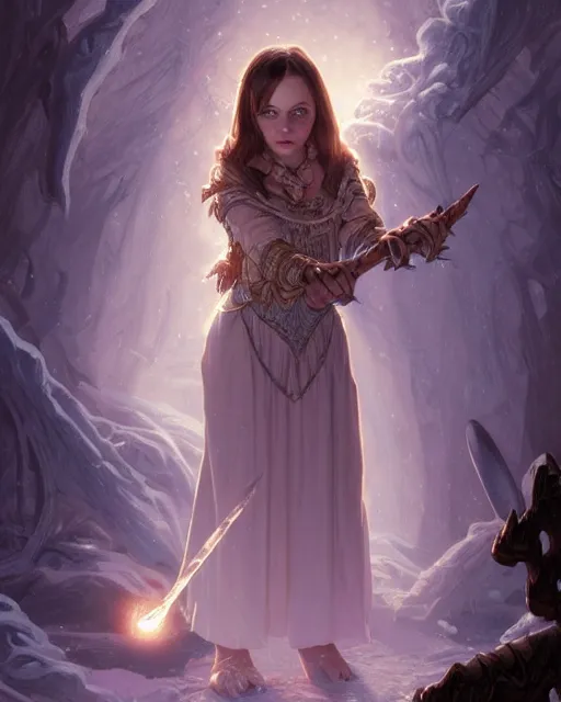 Prompt: Young Christina Ricci casting a ice spell, D&D, fantasy, intricate, elegant, highly detailed, digital painting, artstation, concept art, matte, sharp focus, illustration, hearthstone, art by Artgerm and Greg Rutkowski and Alphonse Mucha