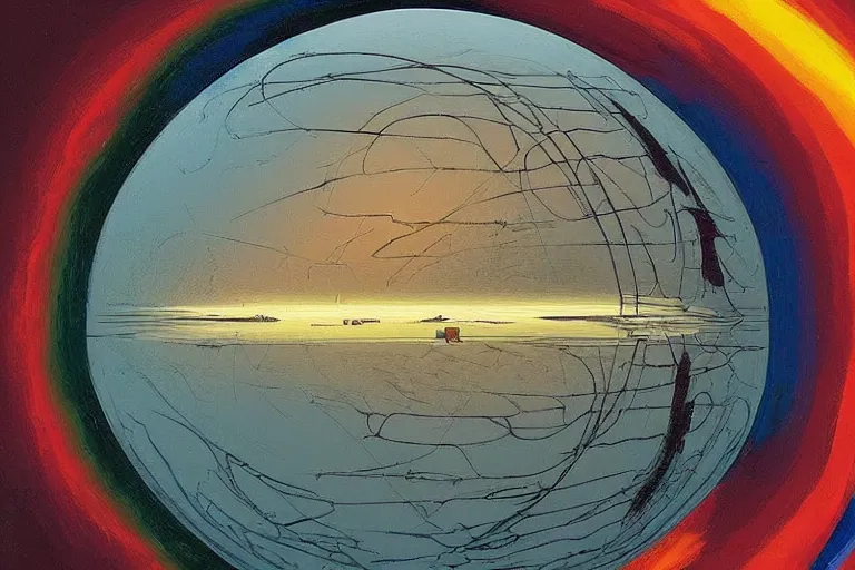 Prompt: a giant ((((metallic)))) floating sphere covered in canadian colorful aboriginal patterns!! hovering above a Yukon lake, (painted by Ralph McQuarrie), matte painting, very detailed, cold colors, concept art