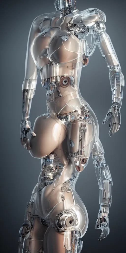Image similar to Masterpiece full body portrait of a beautiful female cyborg with a beautiful face and flawless skin, parts of her body are made of transparent plastic, in a surreal dream landscape, eerie fog, cinematic lighting, 8k