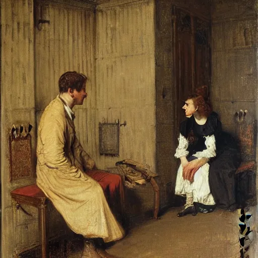 Image similar to young victorian man and woman solving a riddle in a dungeon, by alfred stevens