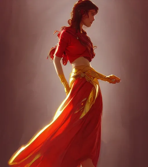 Image similar to a woman wearing a golden skirt and a red shirt, highly detailed, digital painting, artstation, concept art, smooth, sharp focus, illustration, art by artgerm and greg rutkowski and alphonse mucha, beautiful composition