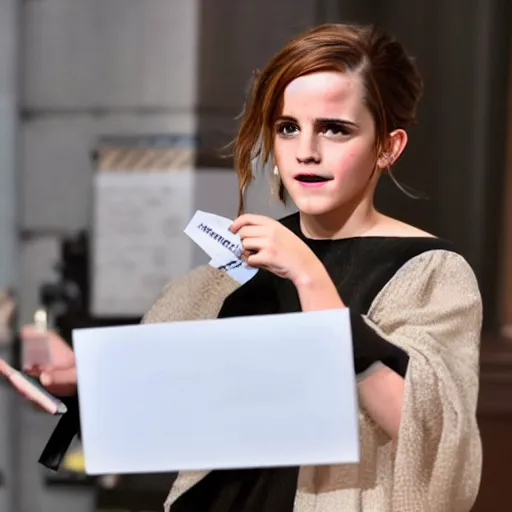 Image similar to Emma Watson opening mail that contains a pipe bomb,hyperrealistic, 8k UHD, studio photography, high quality, high detail, stunning lighting