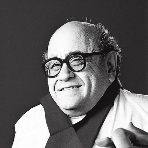 Prompt: godlike Danny DeVito, wearing a toga, eyes with no pupils, sitting atop Mount Olympus, stormy skies
