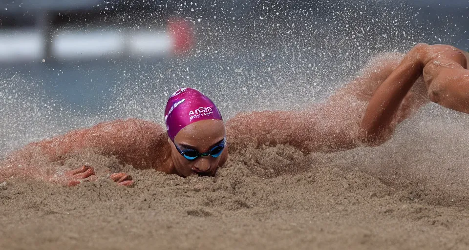 Image similar to olympic swimming in sand instead of water, extremely coherent, motion blur