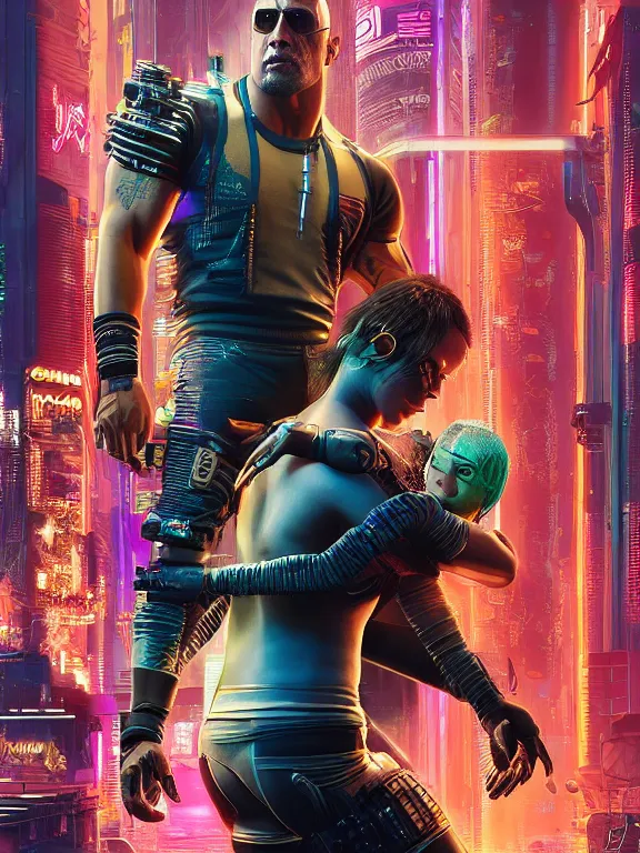 Image similar to a cyberpunk 2077 portrait of Dwayne Johnson holding a female android dancer with tango pose,complex mess of cables and wires behind them connected to giant computer, love moive,film lighting, by laurie greasley,Lawrence Alma-Tadema,William Morris,Dan Mumford, trending on atrstation, full of color,face enhance, highly detailed,8K, octane,golden ratio,cinematic lighting