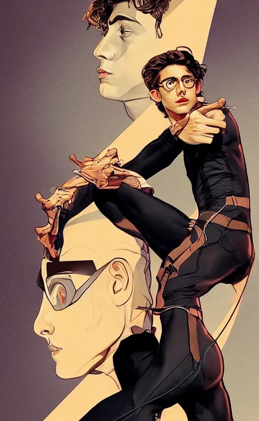 Image similar to Timothee Chalamet as Peter parker, night time, +++ super super super dynamic posing, j.c. leyendecker, Valentina Remenar, thick eyebrows, super serious facial expression