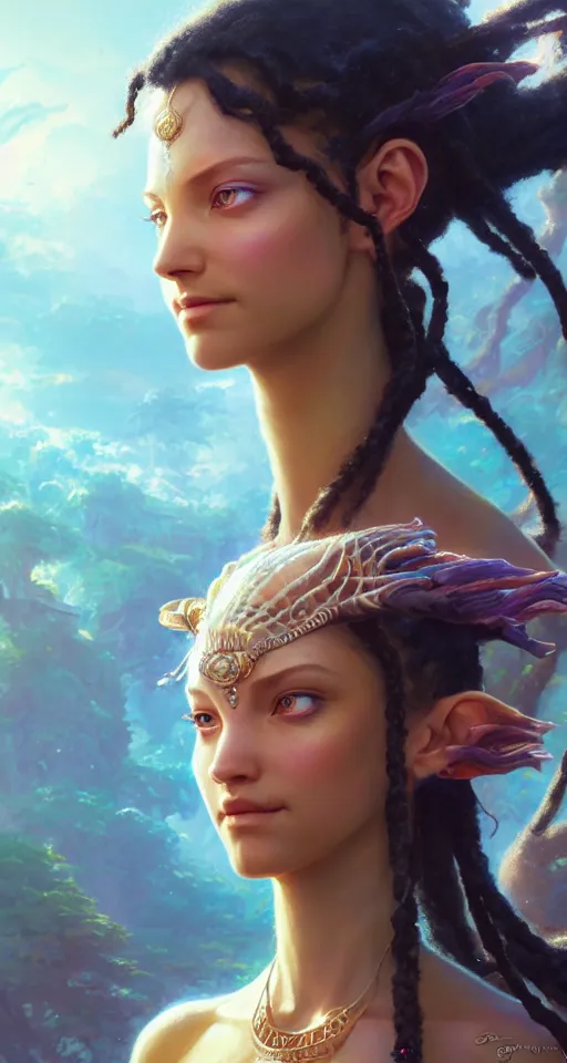 Image similar to highly detailed portrait of beautiful goddess in avatar, stephen bliss, unreal engine, fantasy art by greg rutkowski, loish, rhads, ferdinand knab, makoto shinkai and lois van baarle, ilya kuvshinov, rossdraws, tom bagshaw, global illumination, radiant light, detailed and intricate environment