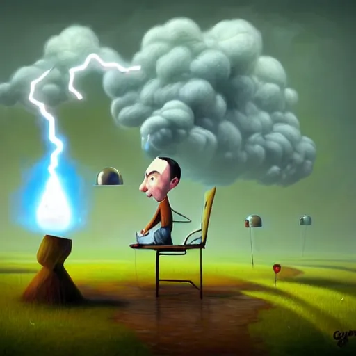 Image similar to Sheldon cooper failed experiment Funny cartoonish, sheldon cooper mad scientist cartoonish, lightnings and smoke, by Gediminas Pranckevicius H 704