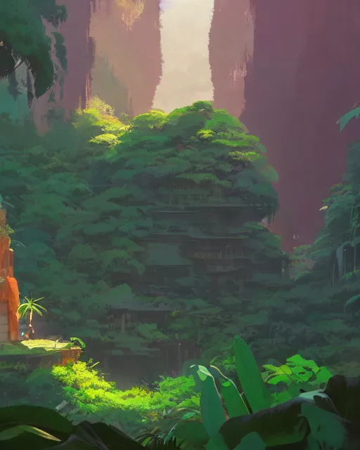 Image similar to forgotten temple, lush vegetation, waterfalls, cory loftis, james gilleard, atey ghailan, makoto shinkai, goro fujita, rim light, exquisite lighting, clear focus, very coherent, plain background, soft painting