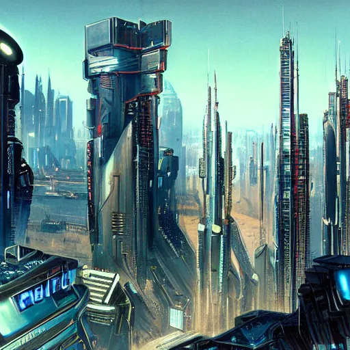 Image similar to futuristic cyberpunk city panorama, daylight, cinematic perspective, cinematic lighting, blue sky, syd mead, john harris, symmetrical