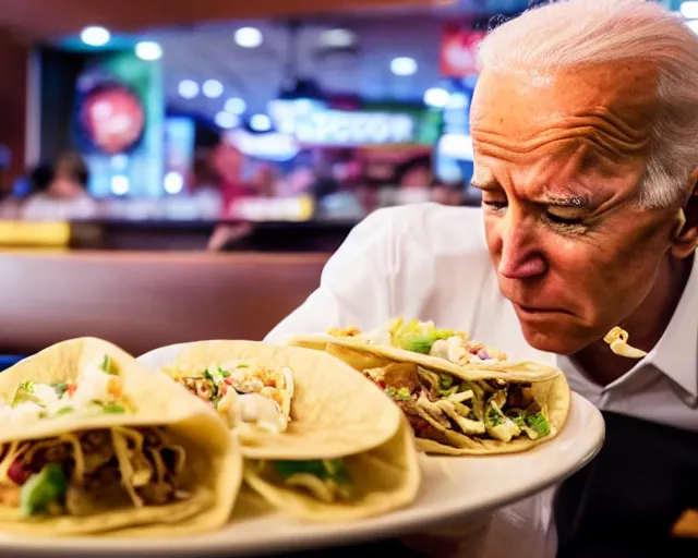 Image similar to a photo of joe biden eating asian wonton tacos at the applebee's, detailed face, ambient lighting, clear photography, 4 k ultra