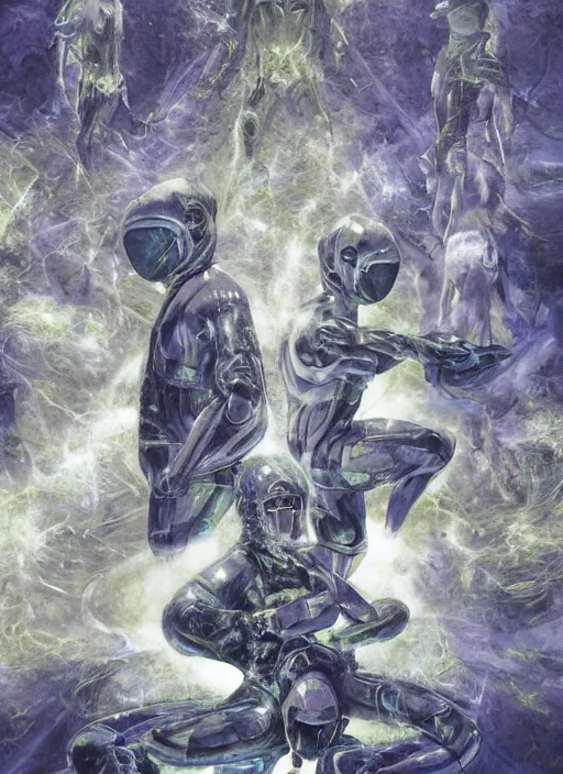 Image similar to astronauts in the dark infinite underwater void - complex and hyperdetailed technical suit, fabric material. reflection and dispersion materials. rays and dispersion of light. volumetric light. wide angle, f / 3 2. noise film photo. flash photography. ultra realistic, wide angle. poster by wayne barlowe, hajime sorayama aaron horkey, craig mullins