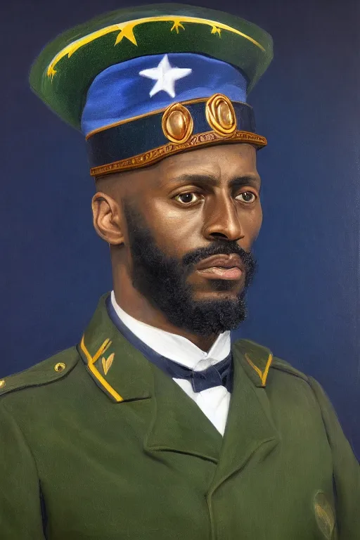 Image similar to facial portrait of the dictator of the minnesota timberwolves, 1 8 8 9, in full military garb, midnight blue, aurora green, lake blue, moonlight grey, kevin garnett, oil on canvas by william sidney mount, trending on artstation