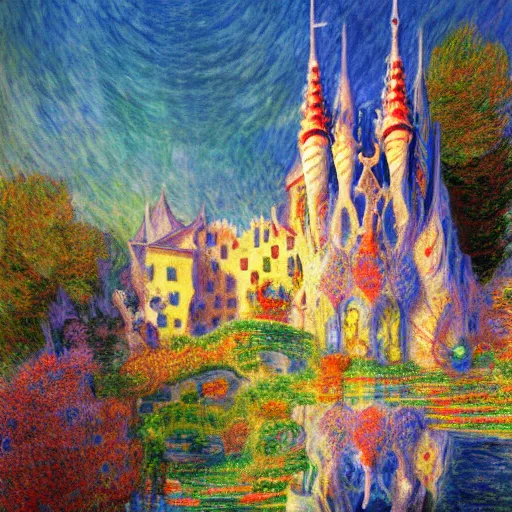 Image similar to antonio gaudi i cornet style castle, dream, colorful, cosy wilderness, highly detailed, sharp focus, illustration by makoto shinkai, monet painted
