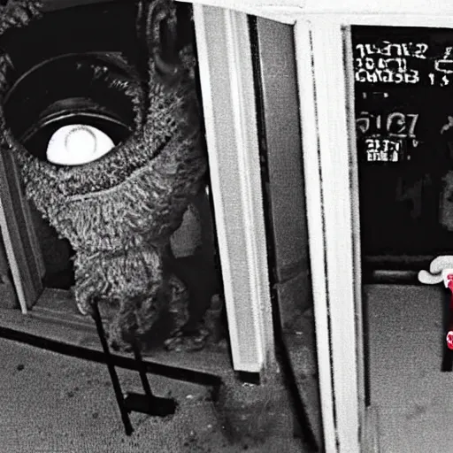 Prompt: elmo caught in cctv footage, realistic, scary, uncanny, detailed