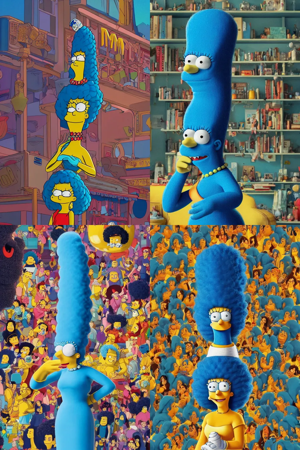 Prompt: Marge Simpson, Highly Detailed, Dramatic, A master piece of storytelling, wide angle, cinematic shot, highly detailed, cinematic lighting, by Wes Anderson +Rumiko Takahashi, 8k, hd, high resolution print
