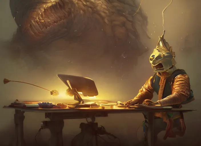 Image similar to an insanely detailed painting of an asian man wearing a homemade superhero costume, sitting at a desk, staring seriously at the computer and typing, in the style of peter mohrbacher, james jean, artgerm, dramatic lighting and composition, surreal background, octane render, pixar, trending on artstation, concept art, comic book, view from behind, 8 k