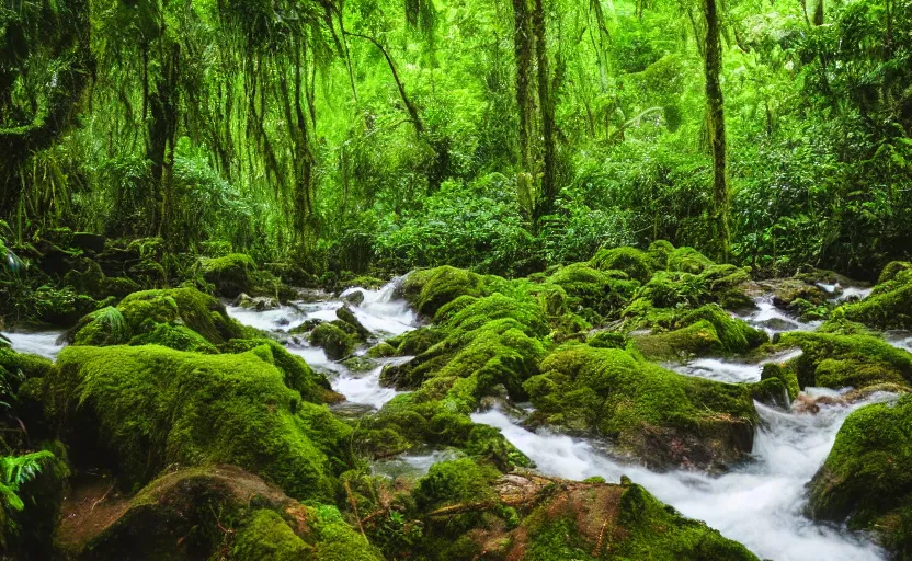 Prompt: A lush beautiful rainforest with a river running through it, 8k dslr photo