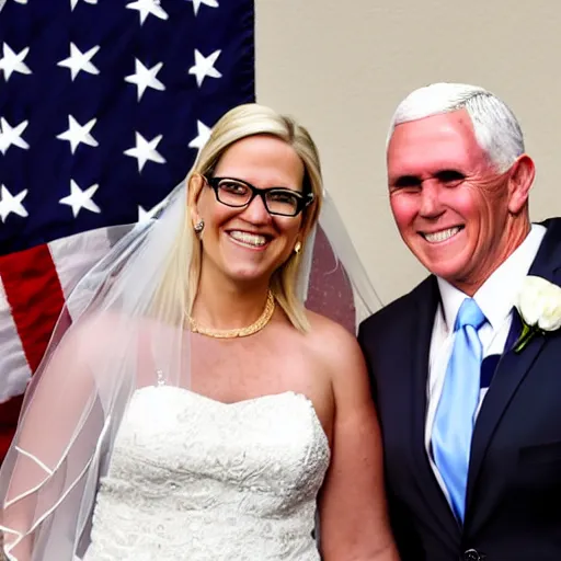 Image similar to mike pence and kyrsten sinema get married, photorealistic, wedding photography, very detailed,