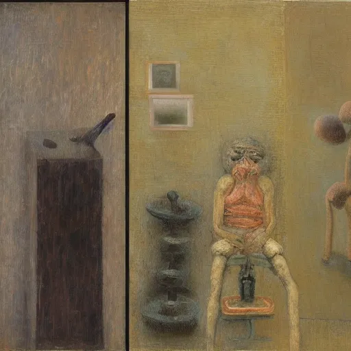 Image similar to a detailed, impasto painting by shaun tan and louise bourgeois of an abstract forgotten sculpture by ivan seal and the caretaker, 1 8 9 9