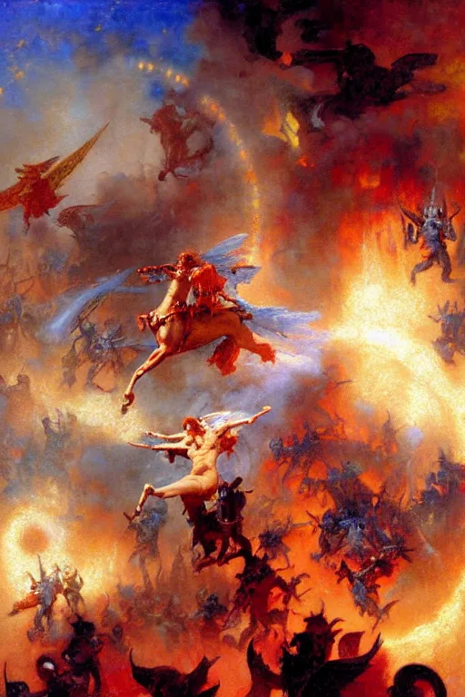 Image similar to War between heaven and hell, painting by Gaston Bussiere, Craig Mullins