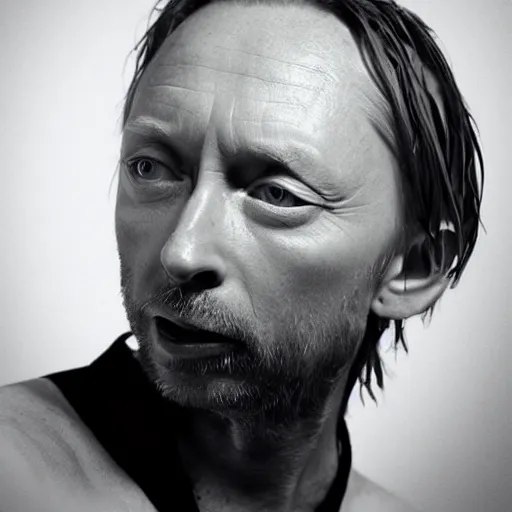 Image similar to photobooth prints of random thom yorke versions on a table, hyper realistic, many very random variations of thom yorke, various emotions, various poses, high quality photographs, mixed styles, intricate details, diverse