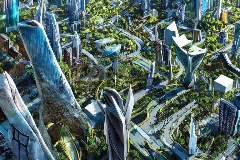 Prompt: birds eye view of a gigantic drift wood monster looming over a bright and lush futuristic city by
