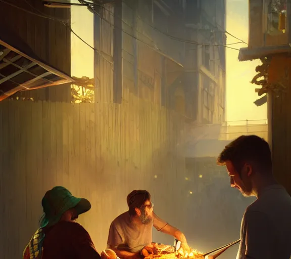 Prompt: three guys in night at the yard speaking while grilling kebabs and one guy playing guitar, volumetric lighting, glowing lights, 4k, octane, digital painting, artstation, concept art, sharp focus, illustration, cinematic film still, art by artgerm and greg rutkowski and alphonse mucha ,
