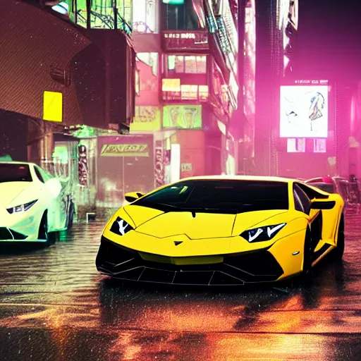 Image similar to Lamborghini in a cyberpunk street, realistic, high details, rain, night, 4k