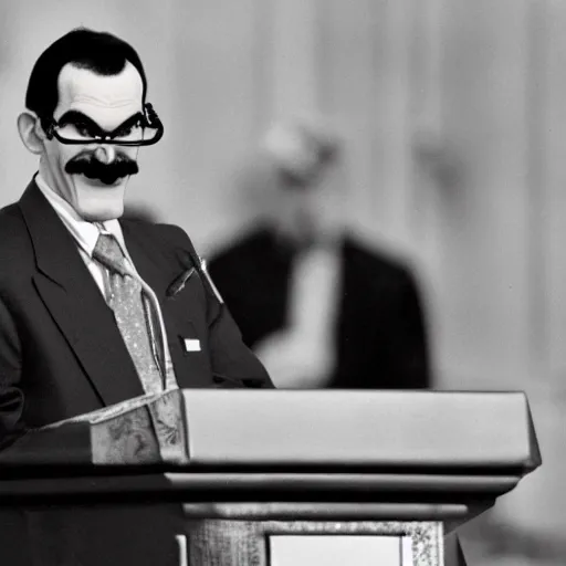 Image similar to president waluigi, real, 1 9 9 3, still, photograph, photo, speech