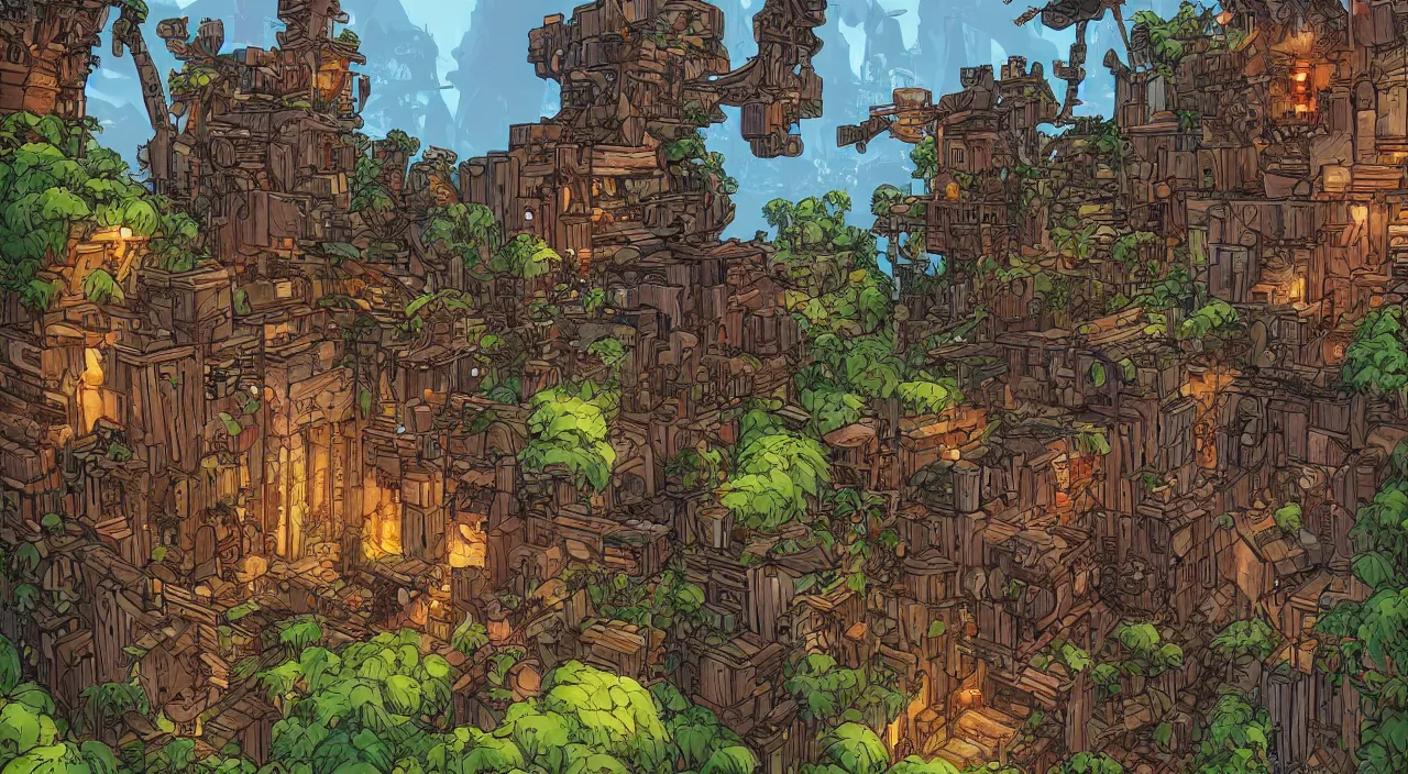 Prompt: open door wood wall fortress greeble block amazon jungle on portal unknow world ambiant fornite that looks like it is from borderlands and by feng zhu and loish and laurie greasley, victo ngai, andreas rocha, john harris