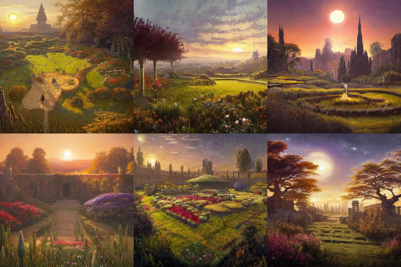 Prompt: photo of a beautiful painting of the high garden in game of thrones, full of grass, sunset, starry-night!!!!!!!!!!!!!!!!!!!!, Greg Rutkowski, Moebius, Mohrbacher, peaceful, colorful