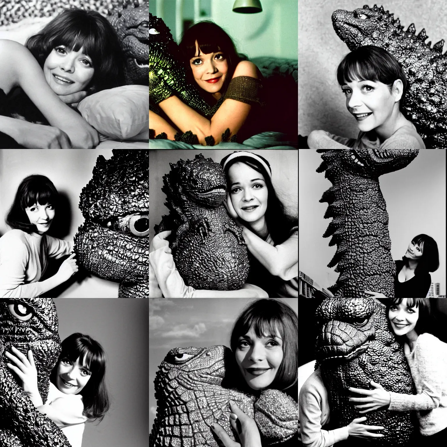 Prompt: anna karina in a bed with godzilla. godzilla is a big monster with scales. close up of anna karina cuddling the very large head of godzilla with scales. award winning photography, 5 0 mm