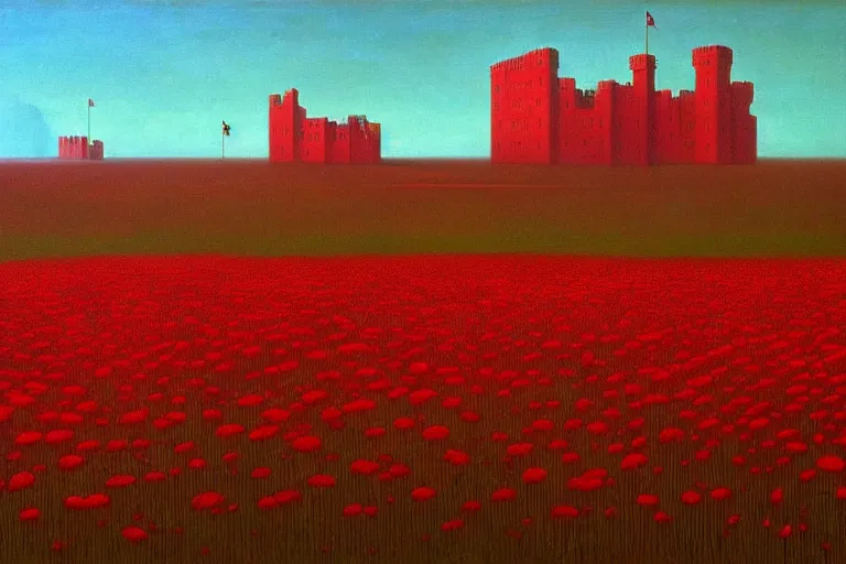 Image similar to only with red, red flowers of different types, a castle in the background, red giants rest over the flowers, in the style of beksinski, part by hopper, part by rodcenko, part by hofbauer, intricate composition, red by caravaggio, insanely quality, highly detailed, masterpiece, red light, artstation, 8 k