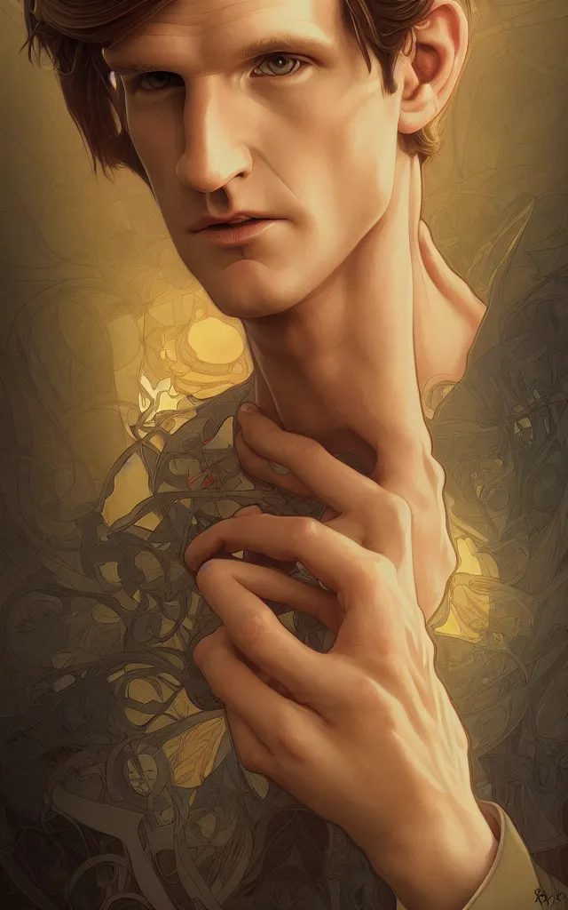 Prompt: symmetry portrait of matt smith, intricate, elegant, highly detailed, digital painting, artstation, concept art, smooth, sharp focus, illustration, art by artgerm and greg rutkowski and alphonse mucha