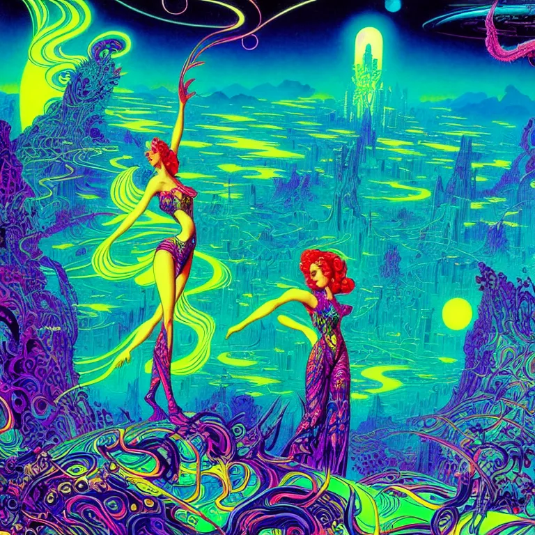 Image similar to cosmic girl hovers over mythical crystal city, psychedelic waves, synthwave, bright neon colors, highly detailed, cinematic, eyvind earle, tim white, philippe druillet, roger dean, ernst haeckel, lisa frank, aubrey beardsley