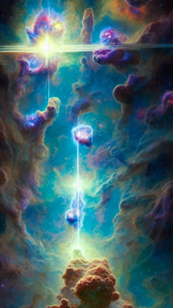 Image similar to psychedelic transcendent puffs! of smoke, space, supernova, nebulae, pillars of creation, enlightenment, high contrast lighting, highly detailed, concept art, art by collier, albert aublet, krenz cushart, artem demura, alphonse mucha