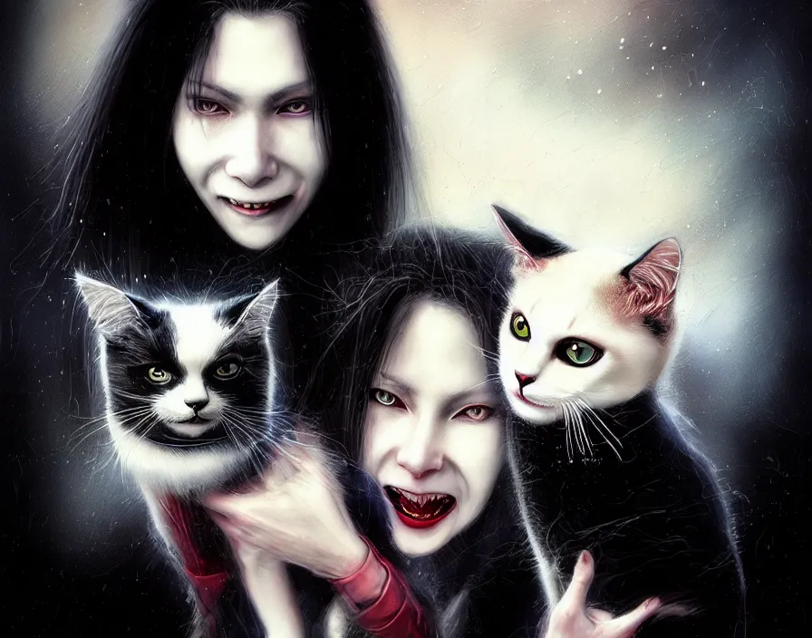 Image similar to portrait of the secretive vampire woman biker loner smiling at her cat, by yoshitaka amano, casey baugh, steve caldwell, gottfried helnwein, yasunari ikenaga, nico tanigawa, and artgerm rendered with 3 d effect.