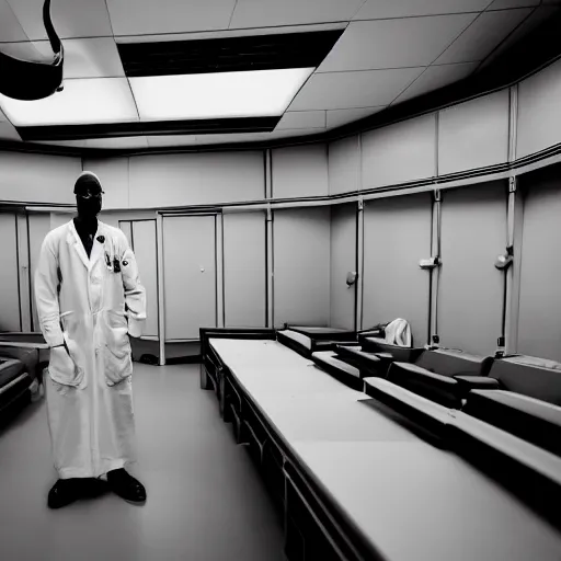 Image similar to a sad surgeon standing in an empty operating theater, award winning photography, law of thirds, black and white