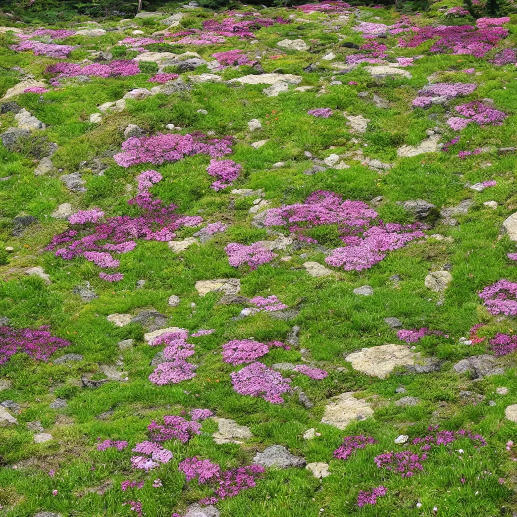 Image similar to Japanese meadow, highly detailed, with flowers and stones