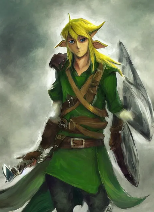 Image similar to character study painting of Link from Legend of Zelda Twilight Princess with golden hair and a long green pointed cap flowing in the wind, by Jeremy Mann, stylized, detailed, realistic, loose brush strokes, intricate, intimate, dark fantasy vibes, muted colors