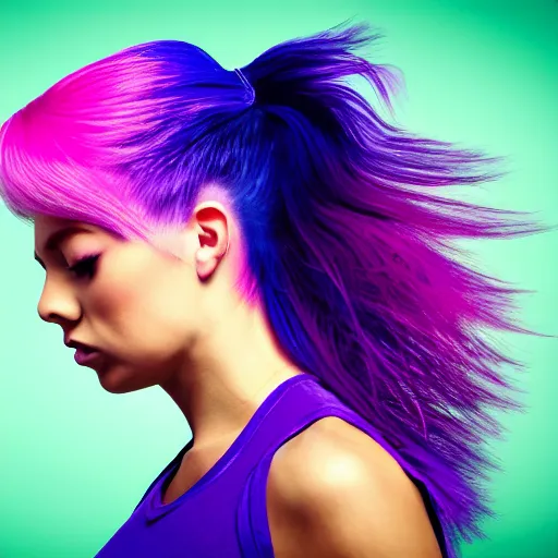 Image similar to a award winning upper body portrait of a beautiful woman in a tanktop with a ombre purple pink hairstyle with head in motion and hair flying, outrun, vaporware, vivid colors, highly detailed, fine detail, intricate