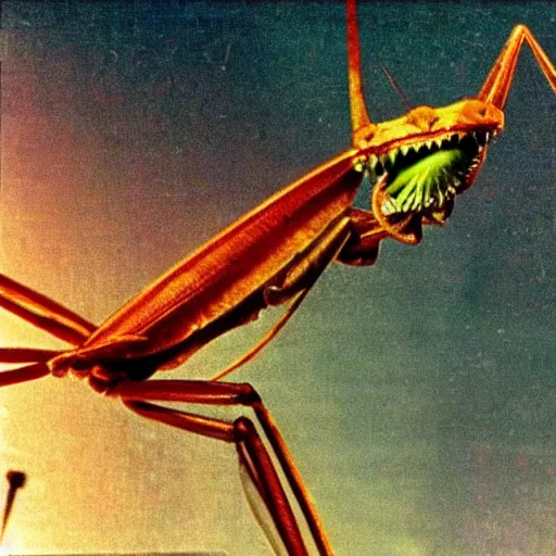 Image similar to “ still image taken from sci fi horror movie of a giant praying mantis attacking a city. low camera angle. 1 9 6 0 ”